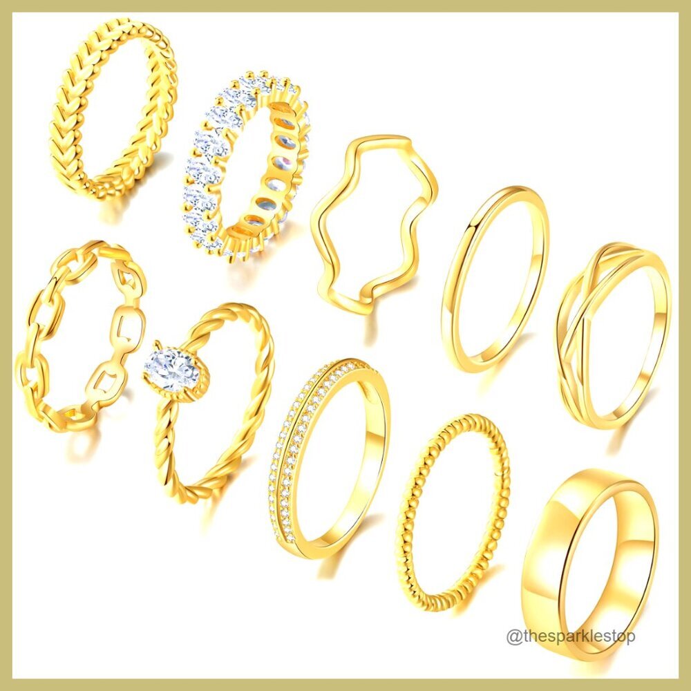 Gold Plated Stackable Rings Set - 10 Pcs Thin Bands Wedding Eternity
